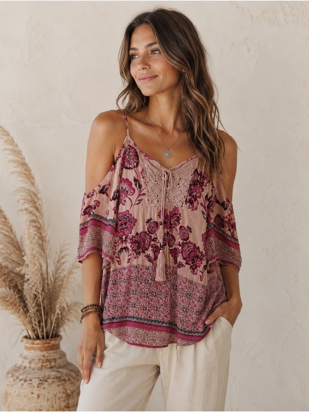 Angie Dusty Rose Floral Cold-Shoulder Boho Top